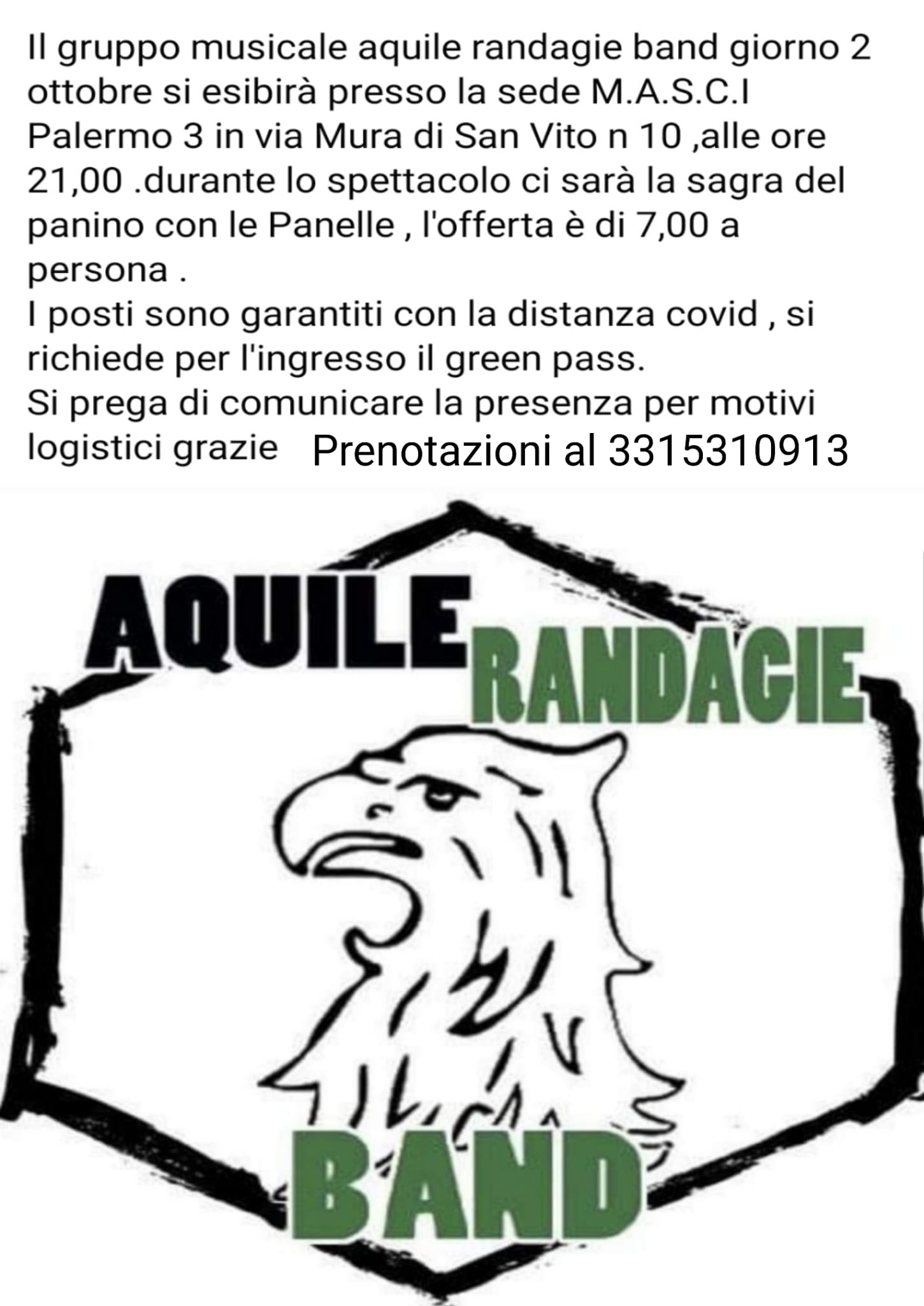 Aquile randagie in concerto il 2 ottobre a Palermo CeSVoP
