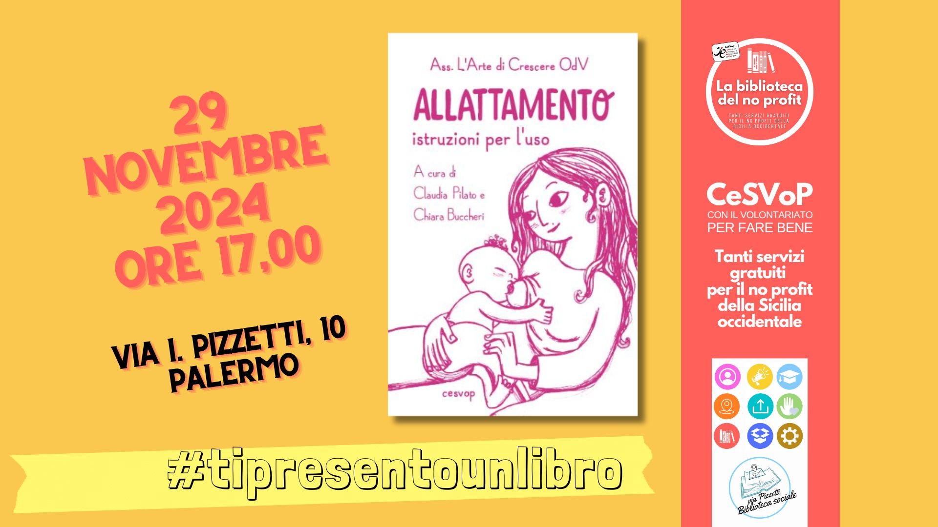 Presentazione di un libro che parla di allattamento insieme ad un'attività di intrattenimento per i più piccoli. venerdì 29 novembre alle ore 17,00 presso la Biblioteca sociale del CeSVoP.